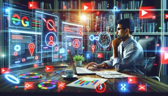 An SEO expert analysing data dashboards on multiple screens, highlighting issues with red flags and icons amid charts.