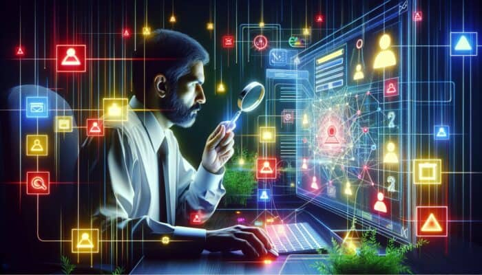 Illustration of an SEO expert in an office viewing a colour-coded screen: red for high-priority issues like broken links, yellow for medium, and green for low, with graphs.