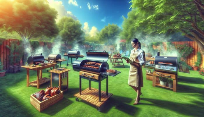 Expert showcasing offset, vertical, and electric smokers in a vibrant backyard with sizzling meats, tools, and greenery under a sunny sky.