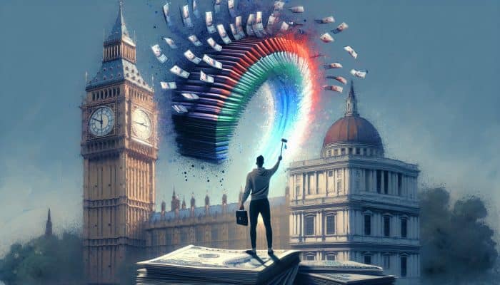 A relieved UK borrower in London under Big Ben merges multiple payday loans into a glowing document, symbolizing simplified finances and savings.