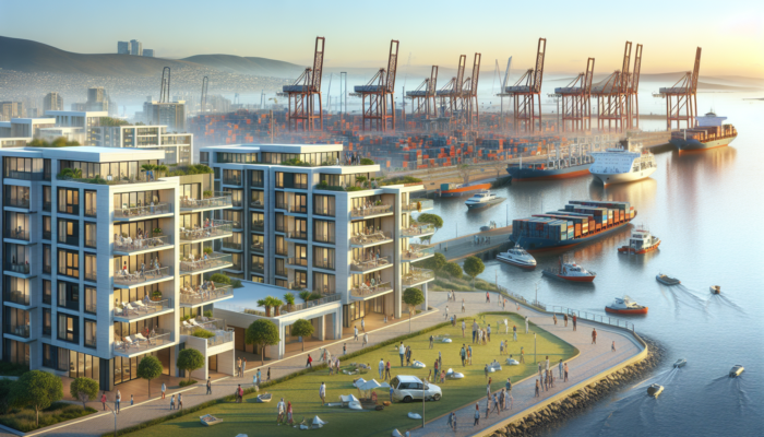 Modern mid-level buildings in Richards Bay overlooking a bustling port filled with ships and cranes, with families strolling under a sunny sky.