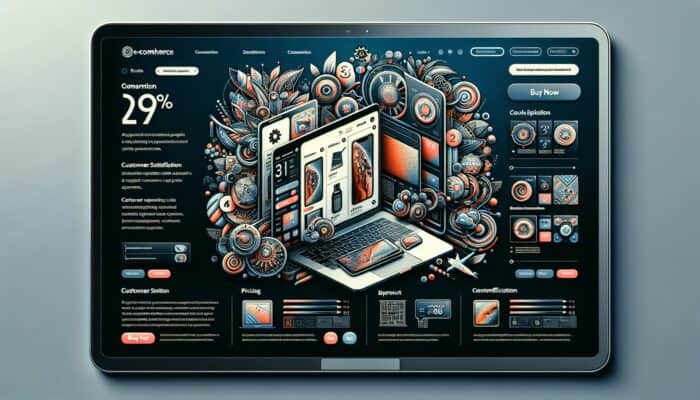 Laptop screen displaying an e-commerce product page filled with stylish gadget images, comprehensive descriptions, pricing details, customer reviews, and a visible "Buy Now" button.