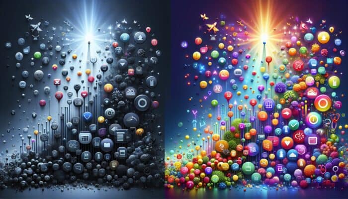 Illustration depicting SEO's impact: a dull underperforming product page with low traffic icons versus a vibrant one showcasing rising graphs and sales symbols.