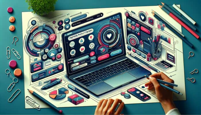 A lively digital illustration of a modern e-commerce page on a laptop, featuring intuitive navigation, user-friendly buttons, and engaged users browsing.