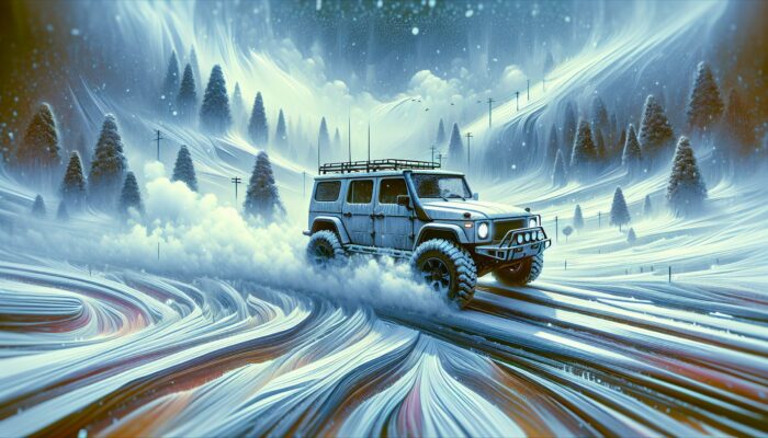 A rugged SUV equipped with snow tires and a robust heating system safely navigating icy, snowy roads.
