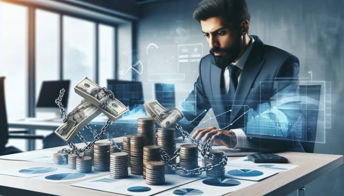 A financial expert in a modern office analyzes charts of small and large debts, with breaking chains on coins symbolising consolidation options.