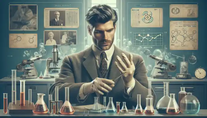 British Inventor in a 1960s Laboratory Holding the First Disposable Latex Gloves, Surrounded by Beakers, Instruments, and Charts Symbolising Healthcare Innovation.