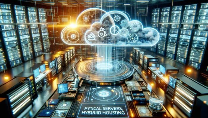 A digital explorer in a high-tech lab unveils hybrid hosting benefits with integrated servers, cloud networks, and glowing data streams symbolising efficiency, security, and scalability.