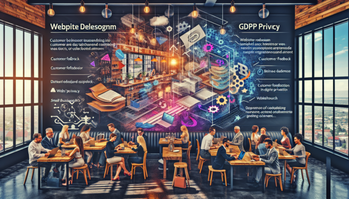 In a cosy Cinderford café, business owners and customers review website redesign sketches on laptops with feedback surveys, graphs, and GDPR icons.