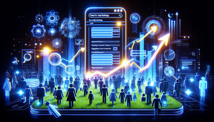 Vibrant website redesign for a UK small business, featuring glowing keywords, rising search arrows, and digital users exploring local products.