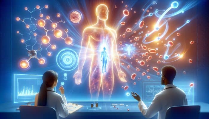 Illustration of balanced testosterone and estrogen molecules floating in a glowing human body, with UK endocrinologists observing data charts symbolising sexual health.