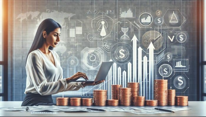 A focused financial advisor reviews charts on a laptop in a modern office, with coins, a balanced scale, and upward arrows symbolising savings and stability.