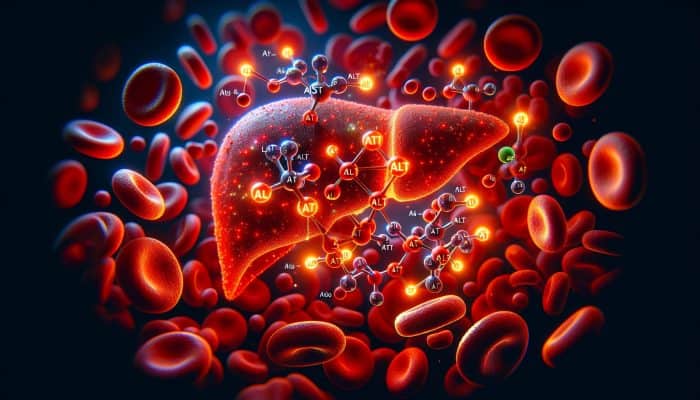 Can Alcohol Cause High Liver Enzymes: Microscopic view of a human liver with glowing ALT and AST enzymes facilitating metabolic processes, surrounded by red blood cells symbolizing health monitoring.