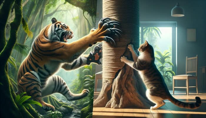 A wild tiger scratches a massive jungle tree to mark territory, while a domestic cat claws a sisal post at home, showing feline evolutionary instincts.