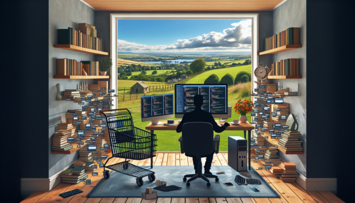 A skilled ecommerce developer in a cosy Coleford office, surrounded by computers displaying online stores, coding interfaces, tech books, and countryside views.