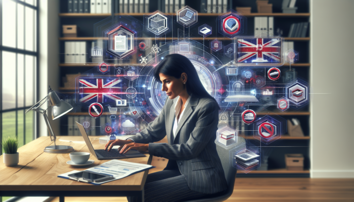 Business owner in Taunton office reviews Woocommerce plans on laptop, surrounded by traffic graphs, product shelves, and UK flag.