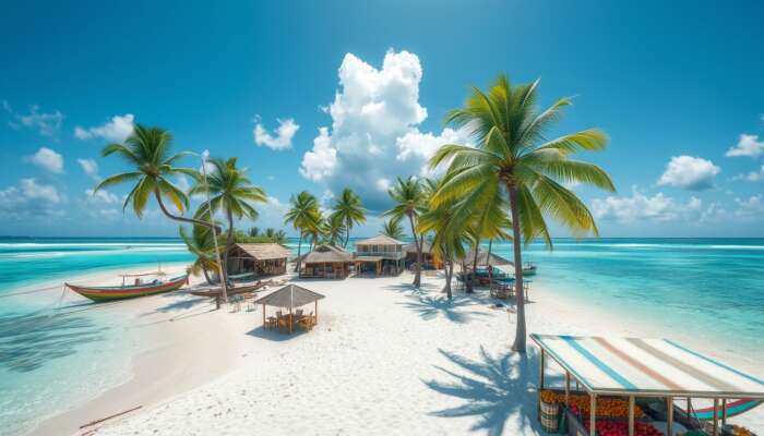 A picturesque view of Placencia Village in Belize, showcasing pristine sandy beaches, palm trees, vibrant houses, fishing boats, and a lively local market.