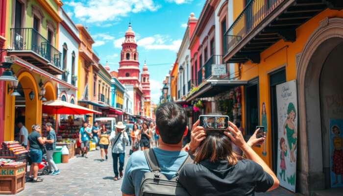 Vibrant street scene in San Miguel de Allende featuring colorful colonial architecture, lively markets, and influencers capturing local culture with smartphones amidst artistic murals and traditional festivals.