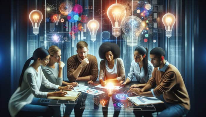 A diverse team collaborates in a futuristic workspace with glowing lightbulbs, digital boards, and prototypes, fostering innovation.