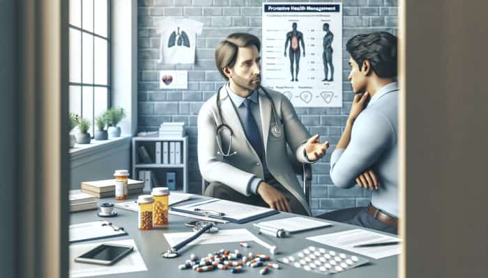 A UK GP consulting a patient in a modern clinic, surrounded by pill bottles, medical charts, and stress symbols like tense expressions and a stethoscope.