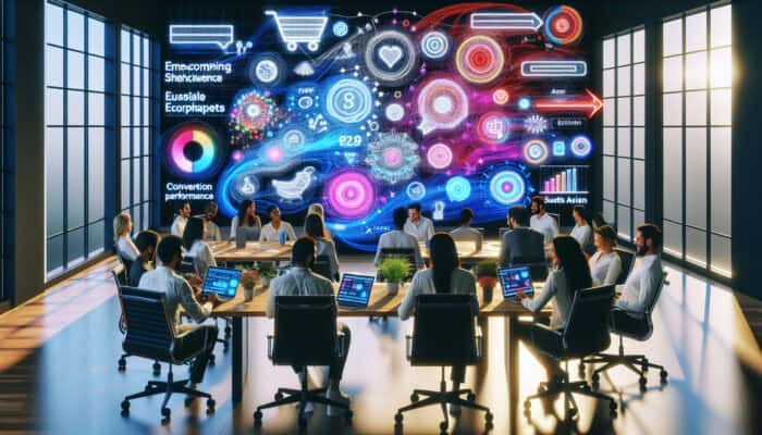 UX experts brainstorming e-commerce checkout strategies in a digital workspace, surrounded by screens showing optimised flows, user personas, and conversion charts.