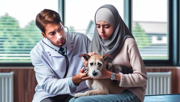 Concerned pet owner holds a thin, malnourished dog in a vet clinic as a veterinarian examines it with a stethoscope and charts.