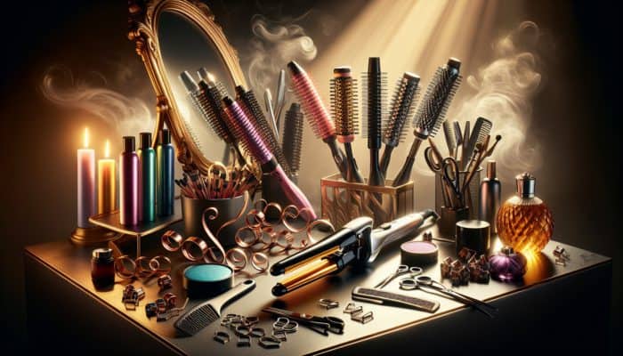A stylish vanity table displays curling iron, wand, rollers, diffuser, brushes, hair products, and clips under golden lighting.