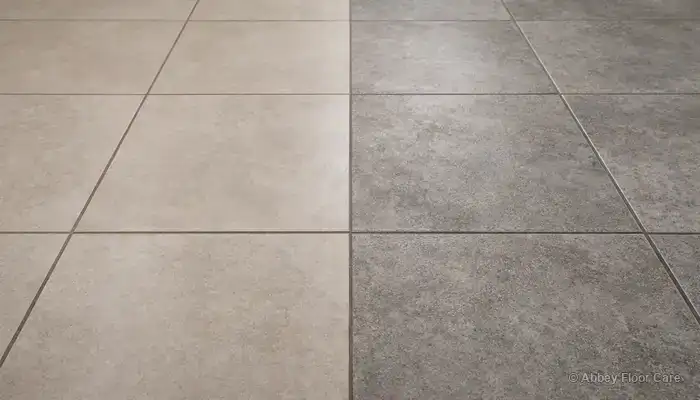 Comparison of smooth and textured ceramic and porcelain tile surface finishes showing different dirt-holding behaviour