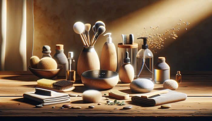 A wooden table displays soft brushes, microfiber cloths, natural oil bottles, a humidity device, and eco-friendly cleaners in warm sunlight.