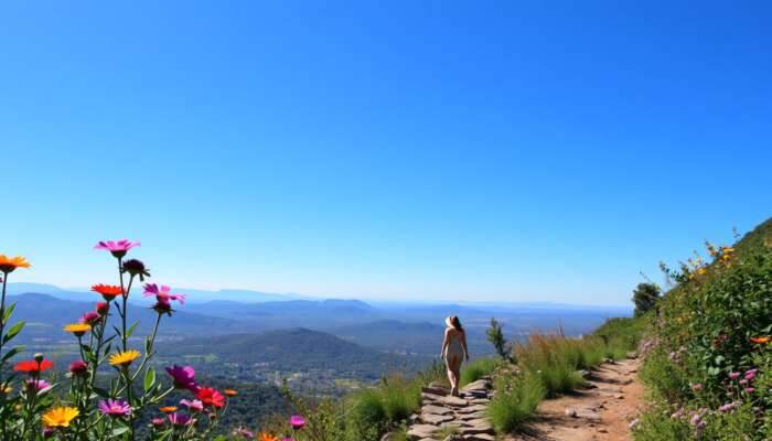 Scenic hiking trail in San Miguel de Allende featuring vibrant wildflowers, lush greenery, and mountains under a clear sky, with a couple enjoying the view along a rocky path.