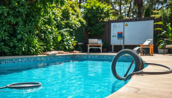 Backyard swimming pool with skimmer net, brush, and vacuum hose, surrounded by greenery, featuring a testing kit and visible filter system.