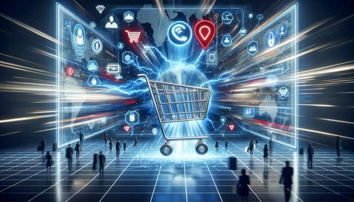 A shopping cart races through a sleek online checkout interface with instant-loading elements, smiling users, and speed bolts symbolising efficient global shopping.