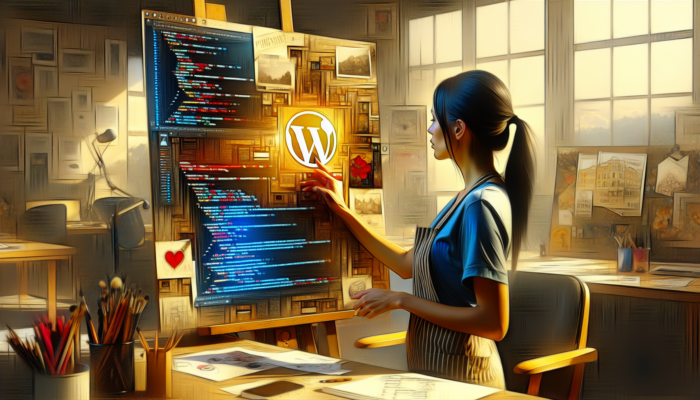 A seasoned web designer in a sunlit Cheltenham office, surrounded by glowing WordPress code, market sketches, and user behavior charts.