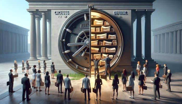 Consolidating Debt with a Thin Credit File: Essential Guide | DCL A frustrated person holds a thin credit file before a locked vault labeled "Financial Opportunities," with denied applications scattered, as others with thick files access wealth.