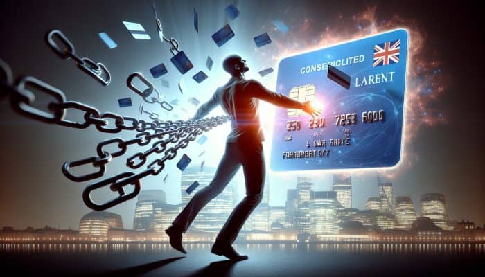 Consolidating Debt with a Thin Credit File: Essential Guide | DCL Relieved UK resident breaking free from tangled credit card chains, merging into a glowing low-rate loan in a modern cityscape.