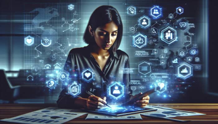 A marketer in a modern office analyses social media icons of Instagram, Snapchat, and LinkedIn, surrounded by glowing demographic charts.