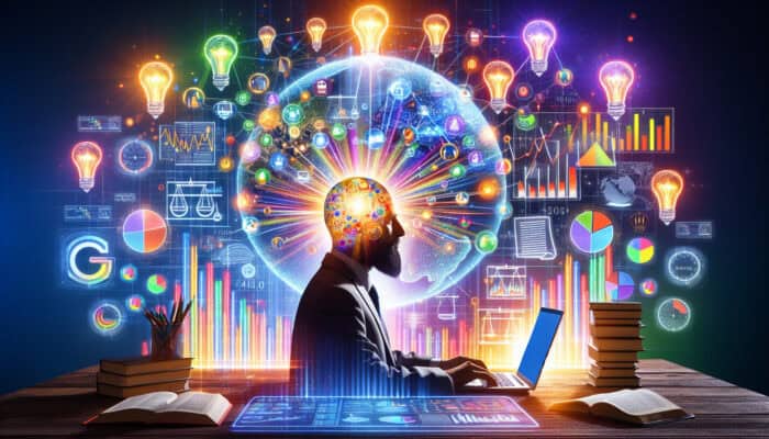 Digital workspace where SEO expert is analysing metrics graphs, user feedback, a glowing world map, balanced scales, books, and light bulbs.