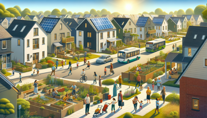 A serene suburban street with modest energy-efficient homes, solar panels, community gardens, diverse families, and nearby public transport under a blue sky.