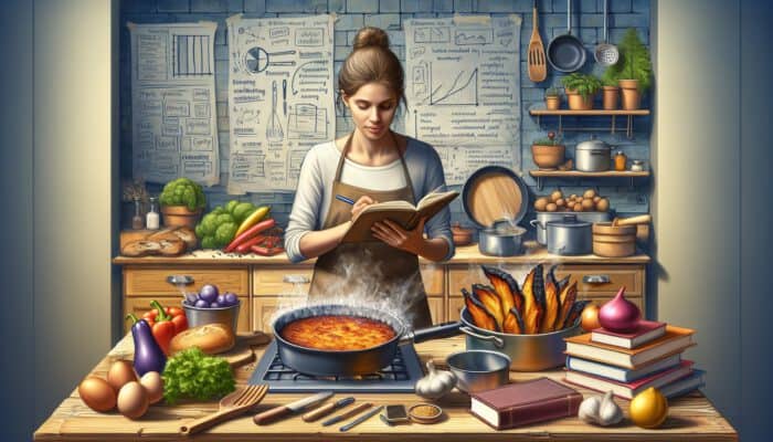 An eager beginner cook examines a burnt dish while taking notes in a journal, surrounded by ingredients and cookbooks in a cluttered kitchen.