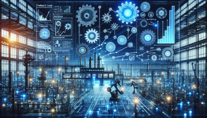 Dynamic factory illustration showing gears, circuits, and robots in a feedback loop optimizing operations with blue lights and rising graphs.