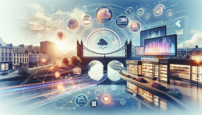 Illustration depicting a modern online store in Barnstaple featuring intuitive navigation, attractive displays, increasing sales graphs, satisfied customers, and a symbol of growth.