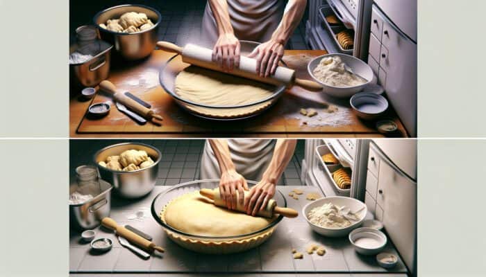 Baker overworking pie dough with rolling pin, creating uneven texture, while chilled dough rests in fridge for flaky crust.