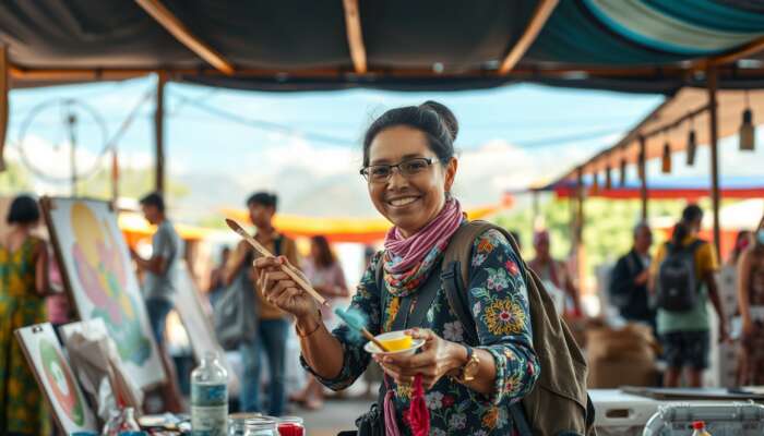 A traveler painting in a lively local art class amid a bustling market, with others joining wildlife conservation and adventure sports.