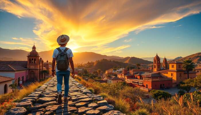 A curious traveller walks a winding path from San Miguel de Allende's colonial streets to Guanajuato's historic hills at golden sunset.
