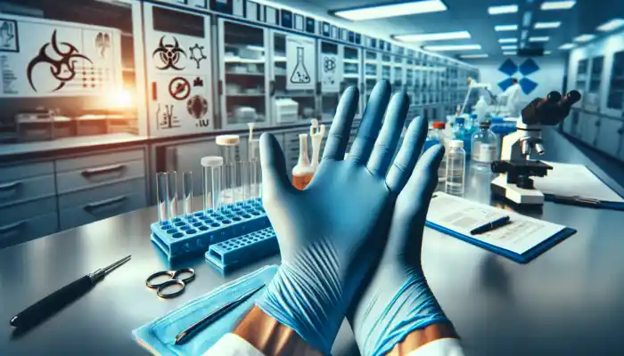Nitrile Gloves in Chippenham: Close-up of blue nitrile gloves with textured surface, worn by a medical professional in a sterile UK lab, surrounded by tools and safety symbols.