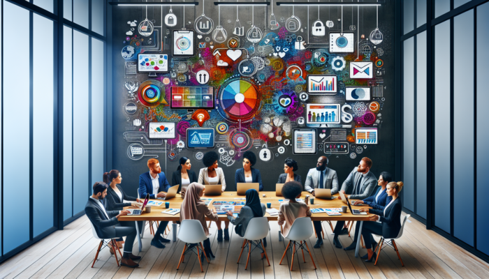 Diverse team of small business owners brainstorming e-commerce marketing at a modern desk, with laptops showing colorful ads, demographic charts, and social media icons.