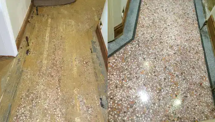 Before and after view of a terrazzo floor restored in a UK home