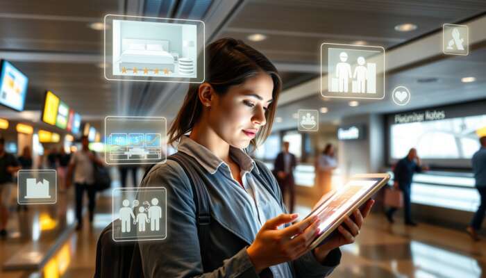 A traveler in a bustling airport lounge reads hotel reviews on a tablet, surrounded by holographic images of clean rooms and friendly staff.