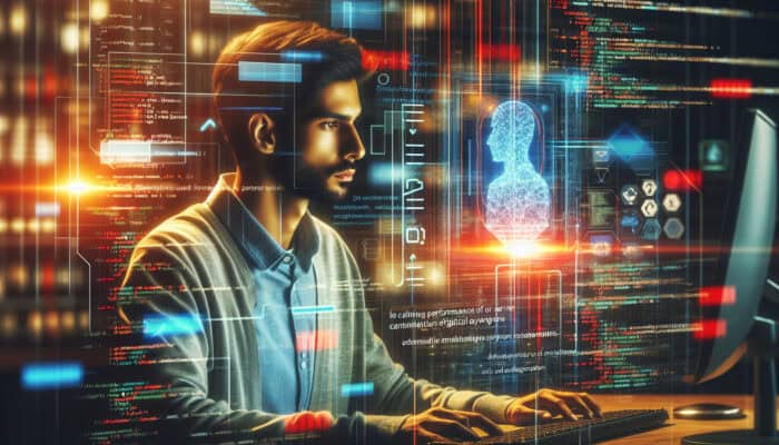 Programmer debugging automation scripts in a modern tech lab: screens with colorful code, red error highlights, and a holographic virtual assistant executing tasks flawlessly.
