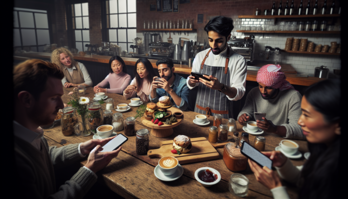 A barista in a cozy UK café films fresh, locally sourced ingredients on a rustic table, as customers watch on smartphones.